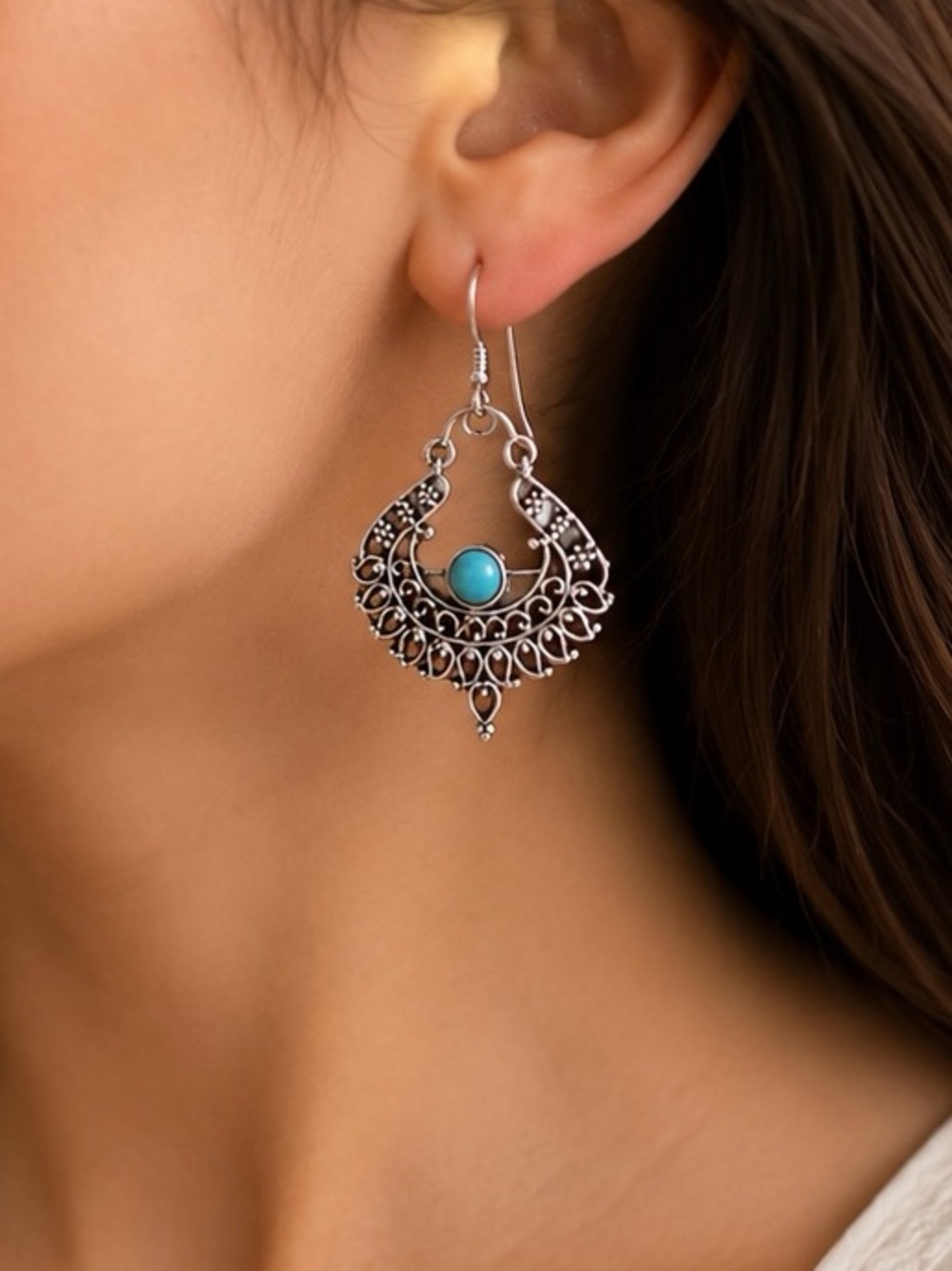 Silver Filigree Earrings with Turquoise Accent